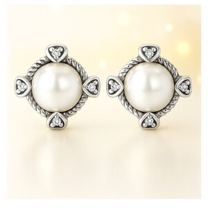 Sterling Silver 925 Genuine Diamond Accent Heart & Pearl Earrings New
